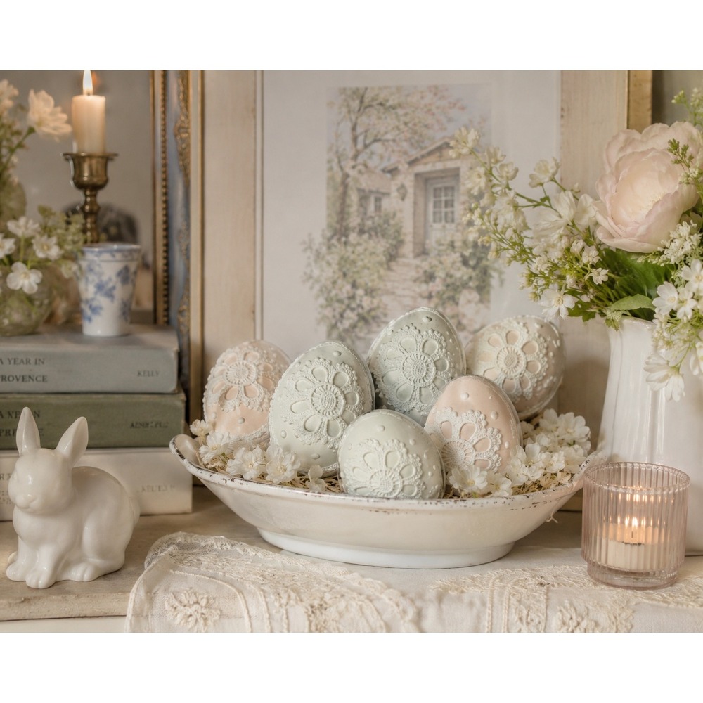 House & Garden Wooden Easter Eggs Set of 6 Lace Cottage Grandmillennial Decor